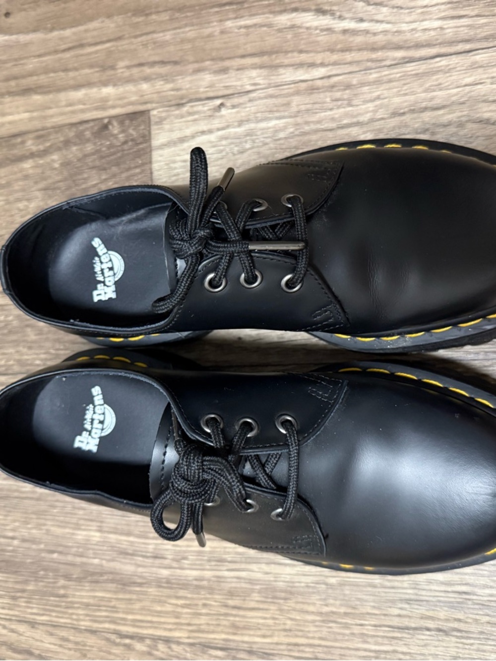 Dr. Martens Black 3-Eye Lace-Up Oxfords with Yellow Welt Stitching